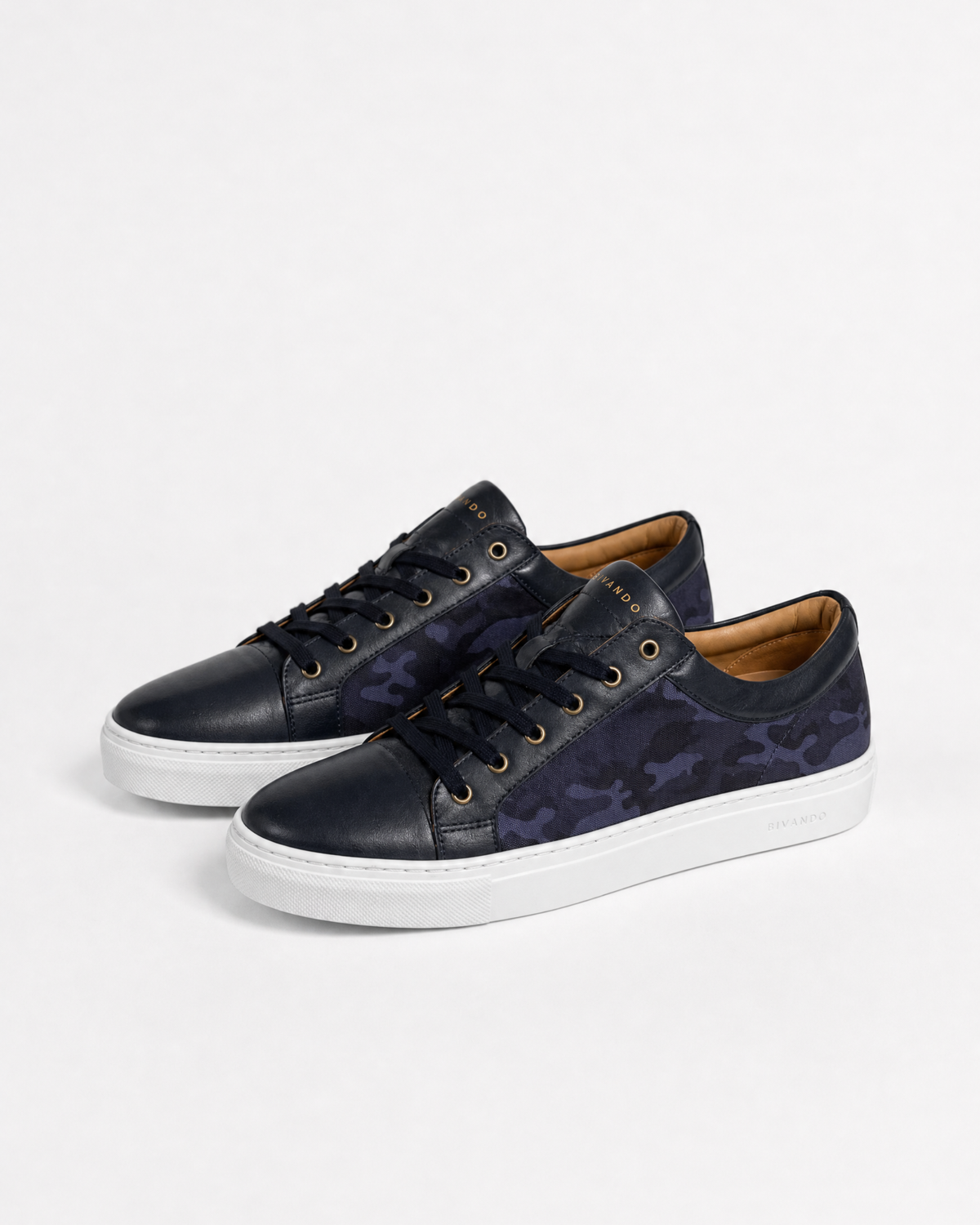 Bivando Midnight Camo Sneaker pair, front three-quarter view: navy leather, blue camo nylon and white sole