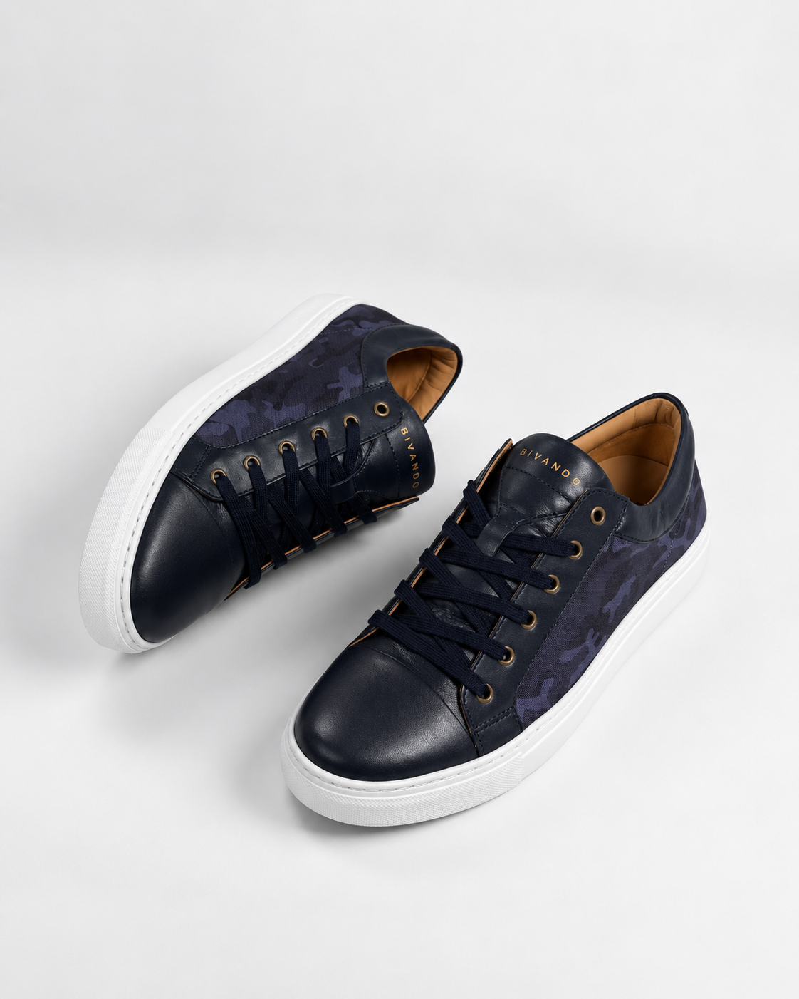 Bivando Midnight Camo Sneaker pair from above: navy leather toe caps, blue camo nylon and gold Bivando logo