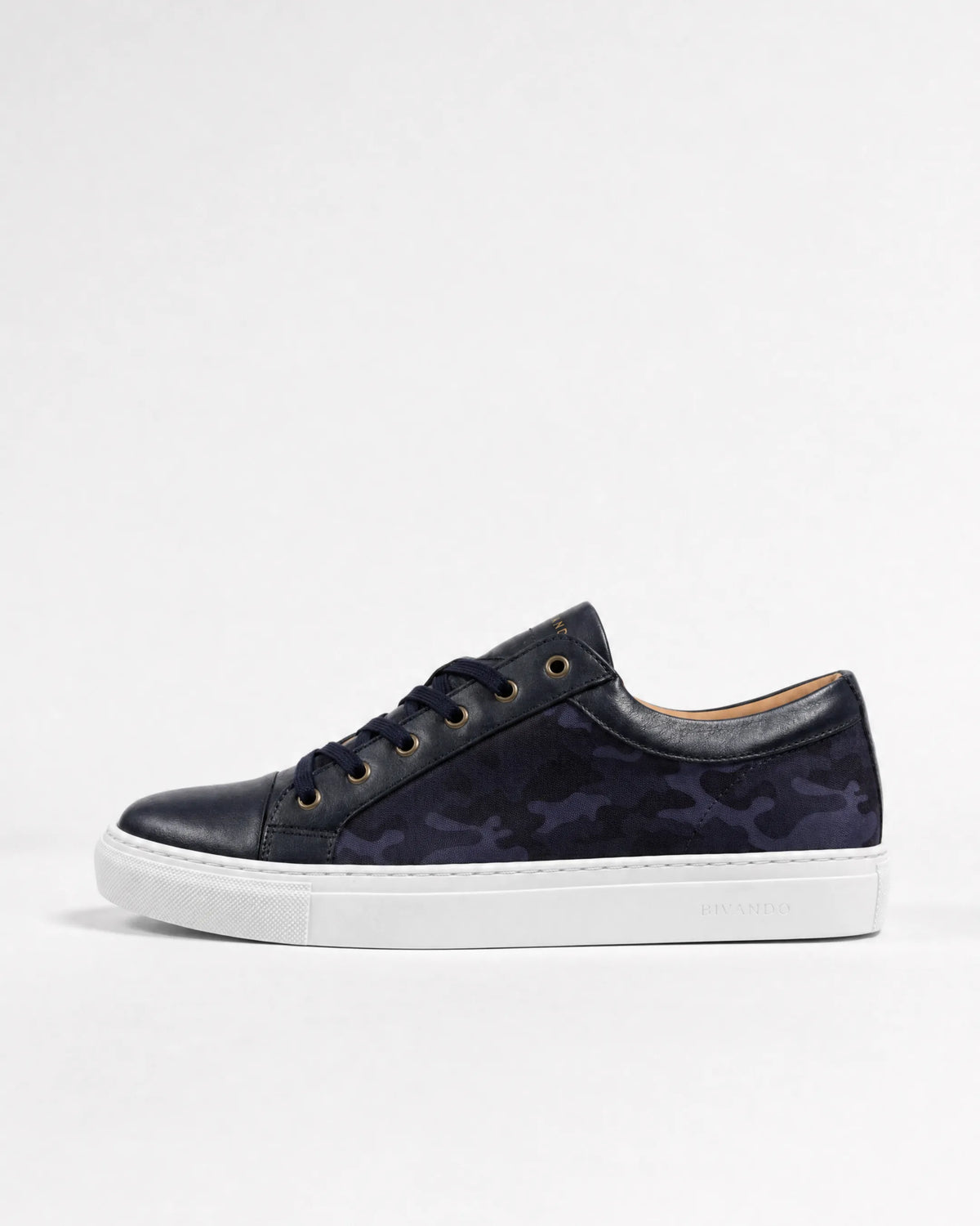 Bivando Midnight Camo Sneaker, side view: blue camo nylon, navy Italian leather toe and heel, white sole