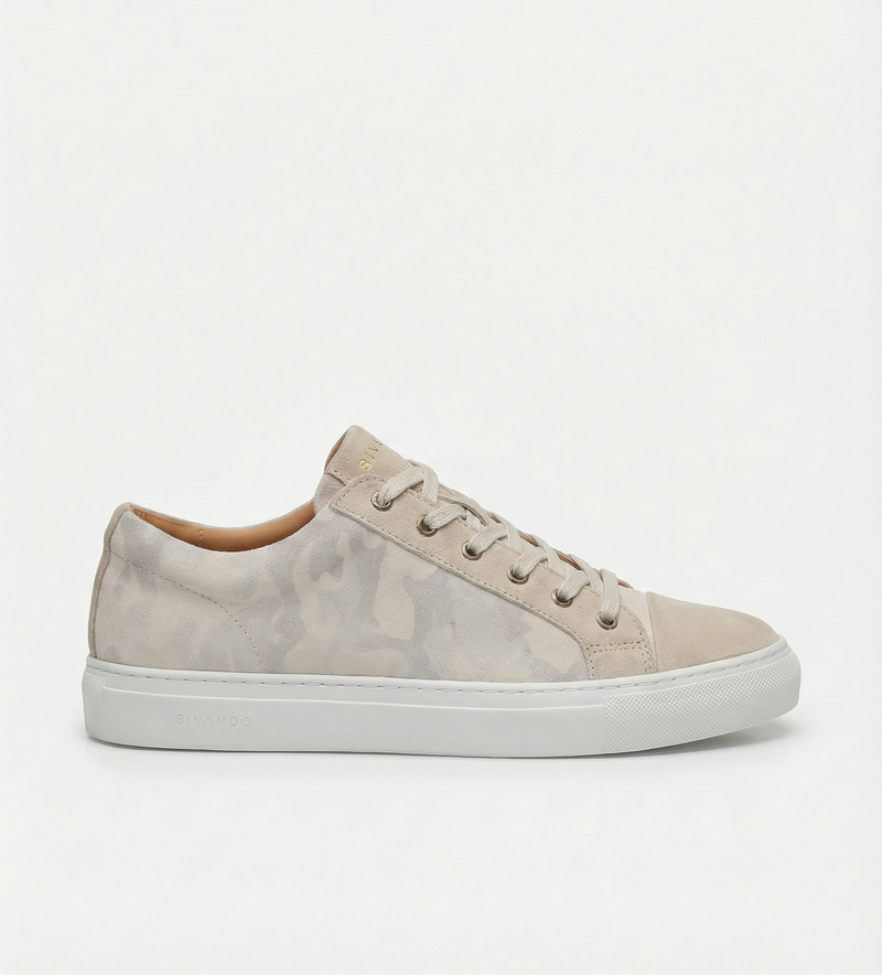 Premium Bivando K1 beige camouflage suede sneaker with a white rubber cupsole.